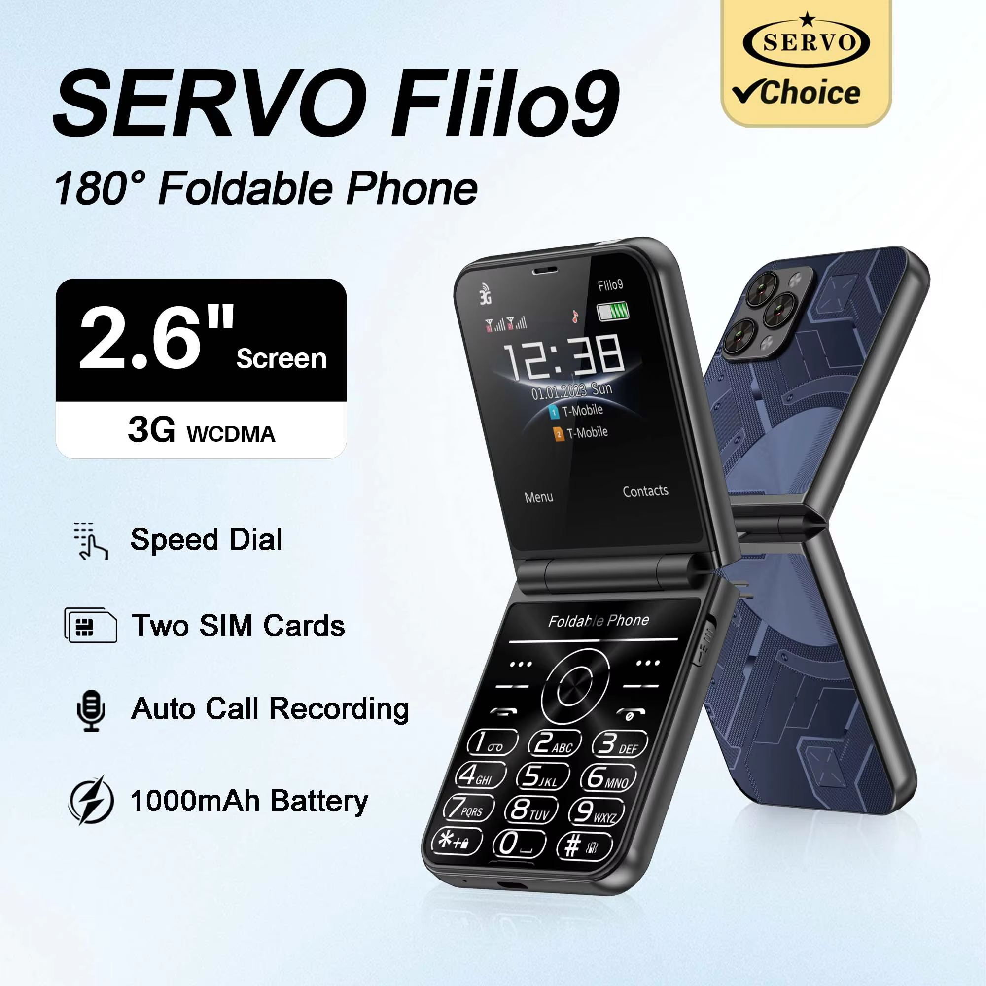 SERVO Flilo9 Foldable Feature Phone 3G WCDMA Dual SIM Big Button Speed Dial Auto Call Recording FM Radio Flashlight Cellphone