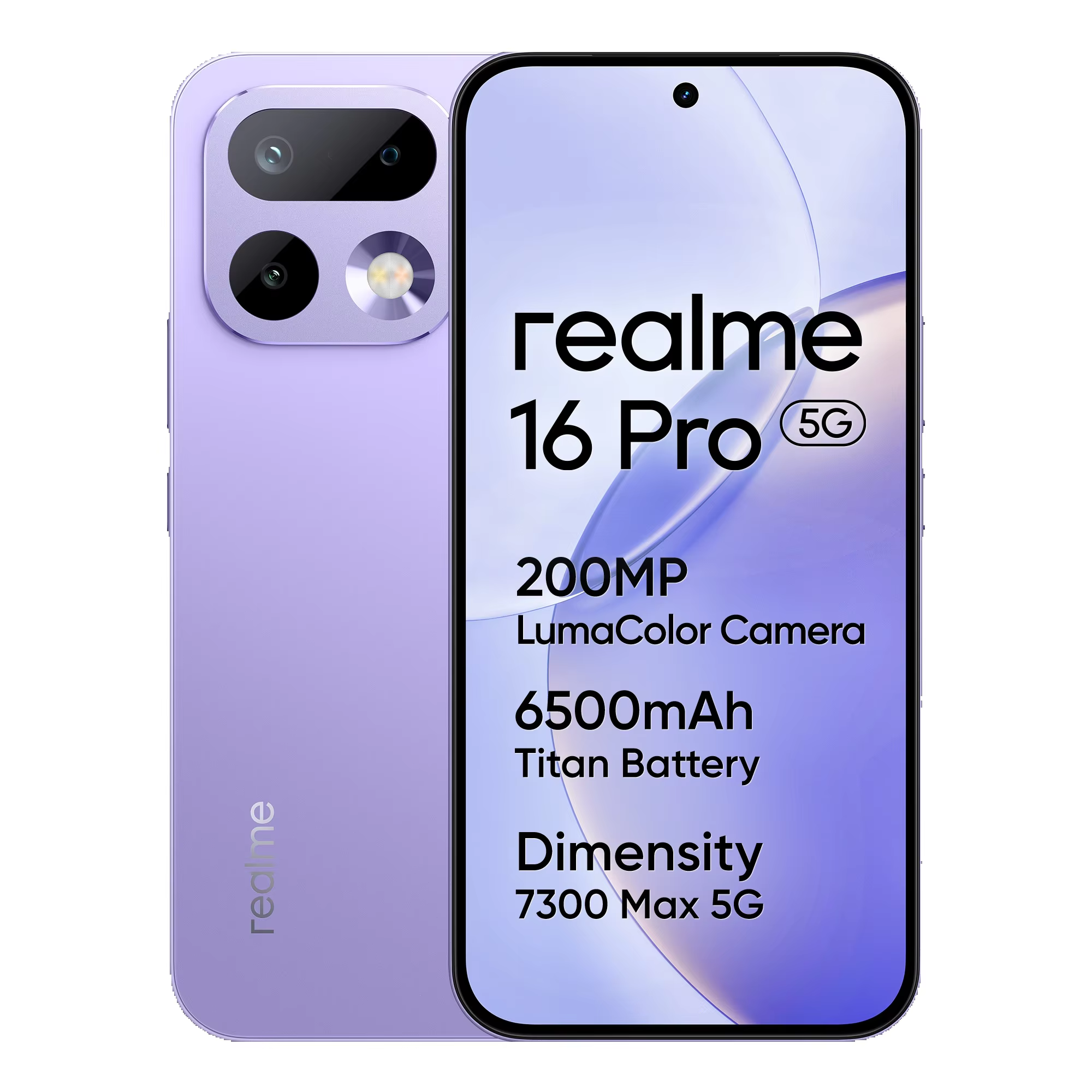 Smartphone realme 16 Pro 5G, écran 6,78 pouces 144 Hz, appareil photo selfie 50 MP, charge 45 W, batterie 6500 mAh, chipset Dimensity 7300-Max 5G