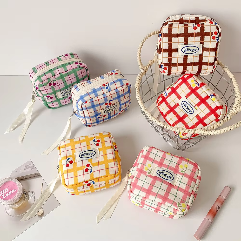 Korean version of large plaid cosmetic bag high value small cherry sanitary napkin portable mini storage bag bluetooth headset b - AliExpress 1524