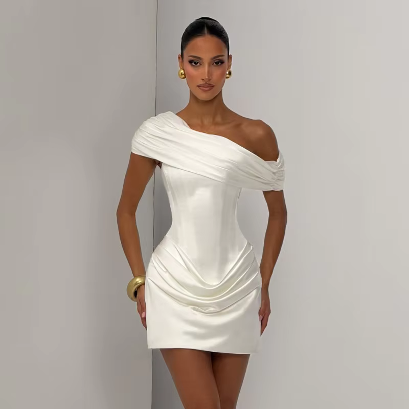 Chaxiaoa Women Satin Sexy Mini Dress Off Shoulder Draped Corset Bodycon Dress Ruched Wedding Guest Cocktail Party Evening Dress - AliExpress 200000345