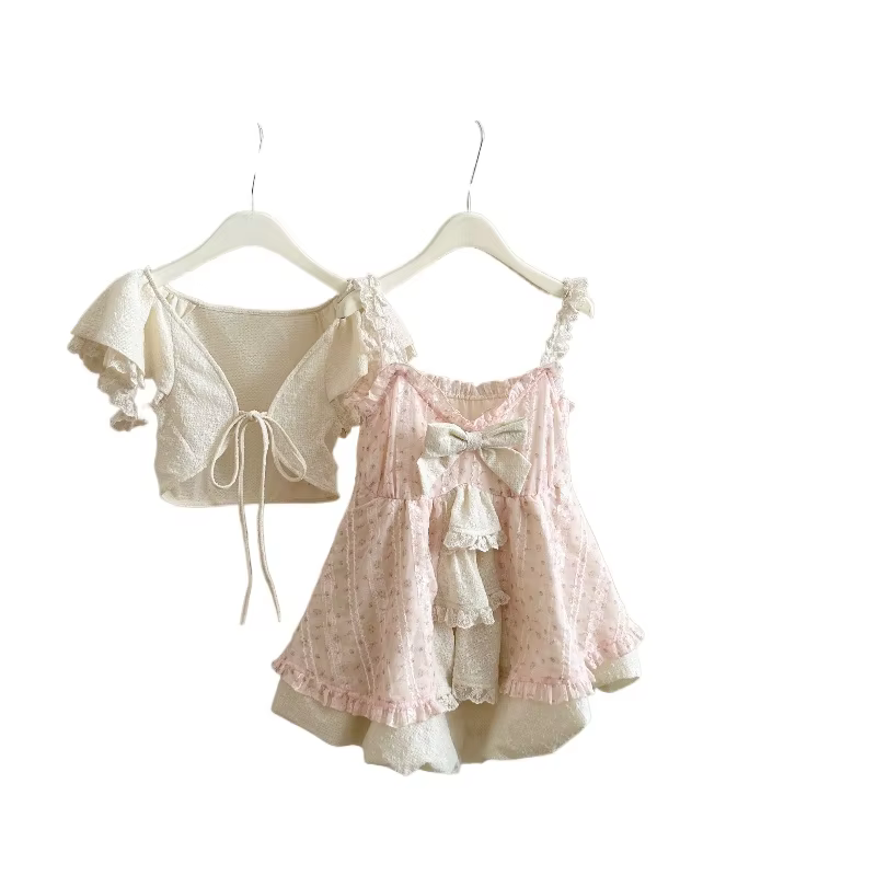 Sweet Lolita Bow Lace Dress Women Puff Sleeve Ruffle Layered Skirt Princess Style Vintage Cottagecore Fairycore Kawaii Outfits