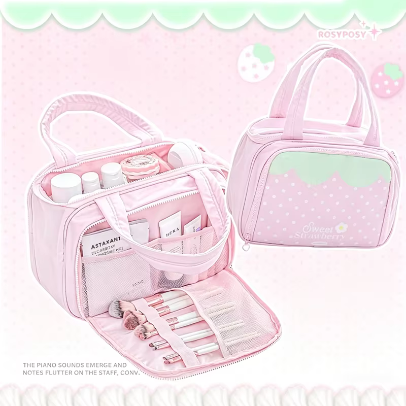 Large-capacity Partitioned Makeup Bag Sweet Cute Strawberry Musical Notes Handbag Portable Multi-layer Travel Toiletry Bags - AliExpress 1524