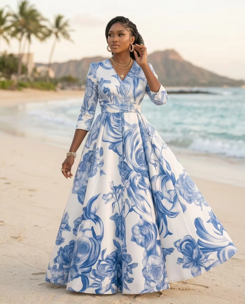 Women's V Neck Three Quarter Sleeve Printed Pleated Maxi Dress For Wedding Guest Beach Banquet Elegant Fashion Occasions