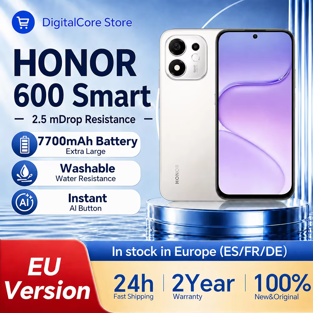 Smartphone HONOR 600 Smart 5G Version EU Batterie 7700mAh SuperCharge 45W Snapdragon 4 Gen4 MagicOS 10 Écran 6.87" Caméra arrière 50MP