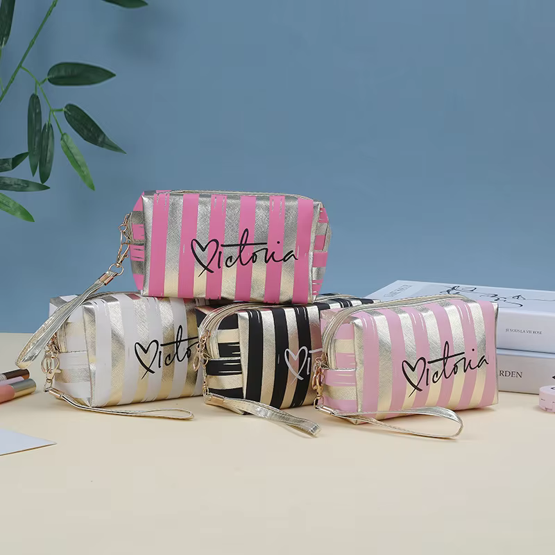 Women's Fashionable Cosmetic Bag Striped Handheld Portable Makeup Bag Korean Sweet Cool Personalized Waterproof  Storage Bags