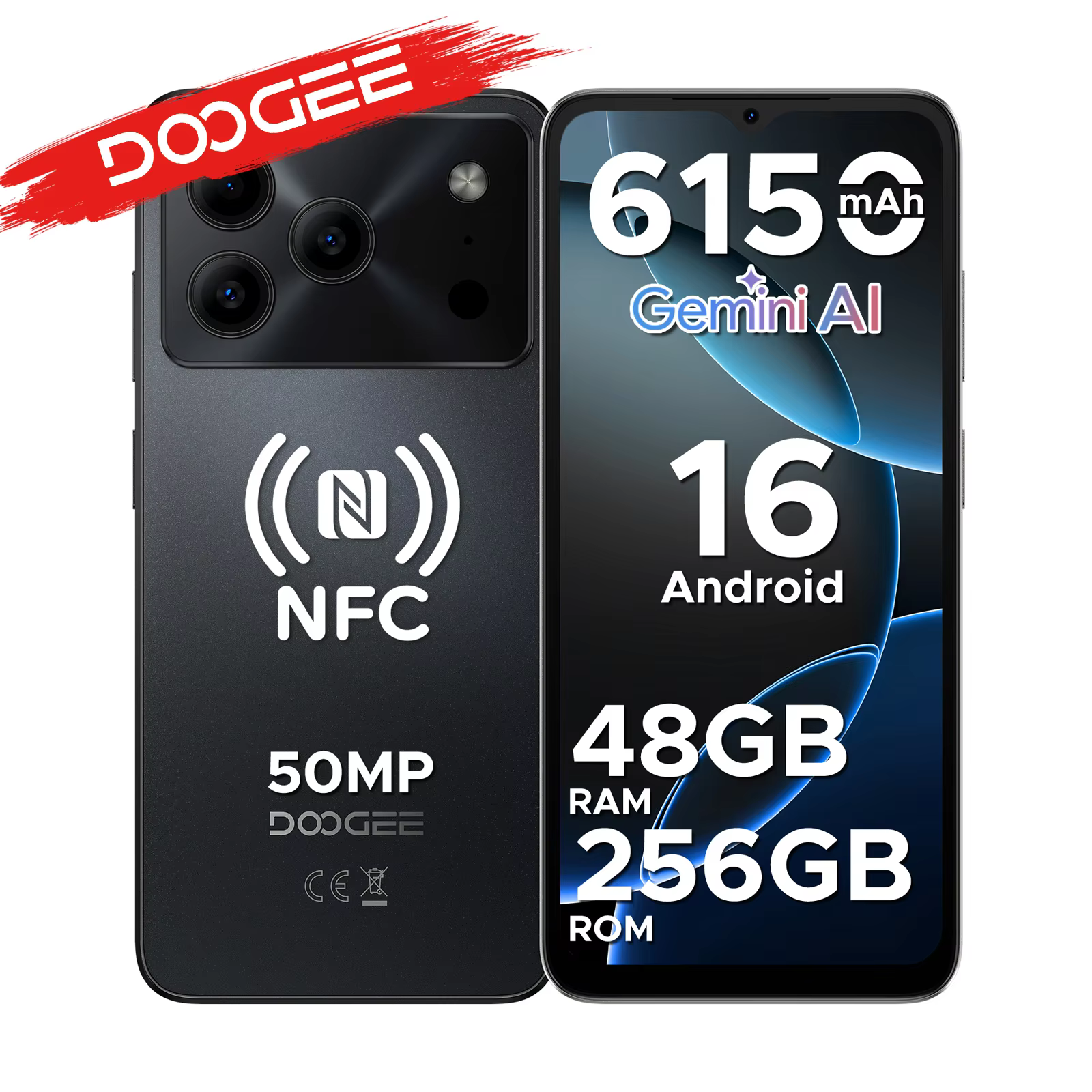 DOOGEE Note56 Plus Android 16 Smartphone 48GB 256GB 6150mAh grande batterie 6.56 ''90Hz affichage 50MP caméra NFC téléphones mobiles