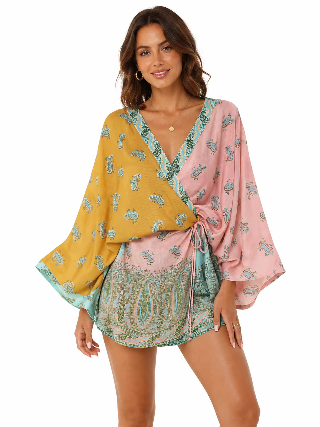 Women's Adjustable Tie Wrap Boho Mini Dress, Flowy Kimono Sleeve V Neck Paisley Floral Printed Short Dress, Lightweight Summer Beach Coverup Vacation Casual Dresses for Women