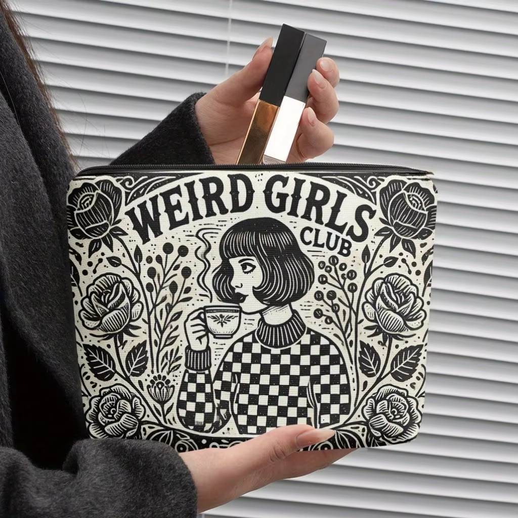 Chic Gift Weird Girls Club Makeup Bag Vintage Floral & Checkered Design Zipper Cosmetic Pouch for Travel Toiletries Storage Bag - AliExpress 1524