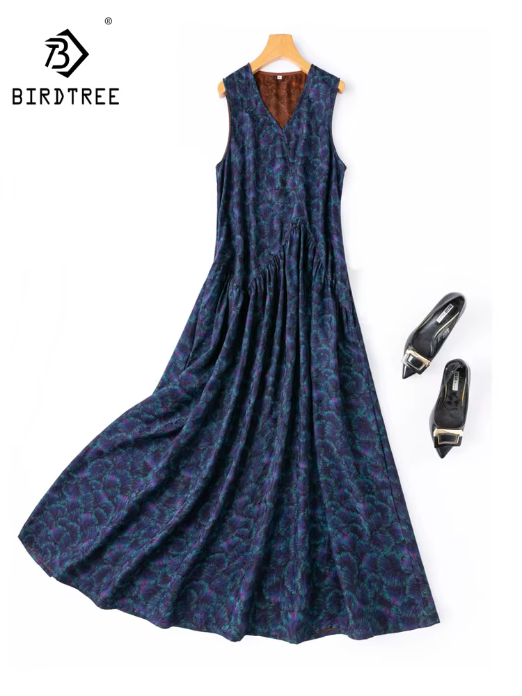 BirdTree-100% Echte Zijde Watered Gauze Elegante Vestjurk, V-hals Jacquard, Dames Retro Commute Losse Jurk, Zomer 2026 D68429CC - AliExpress 200000345