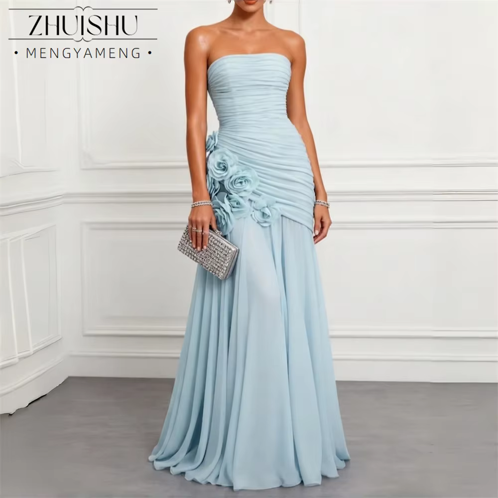 ZHUISHU Modern Chiffon Strapless Flowers Mermaid Evening Dress Pleat Sleeveless Lace-up Party Gown Robes De Soirée Customized - AliExpress 320