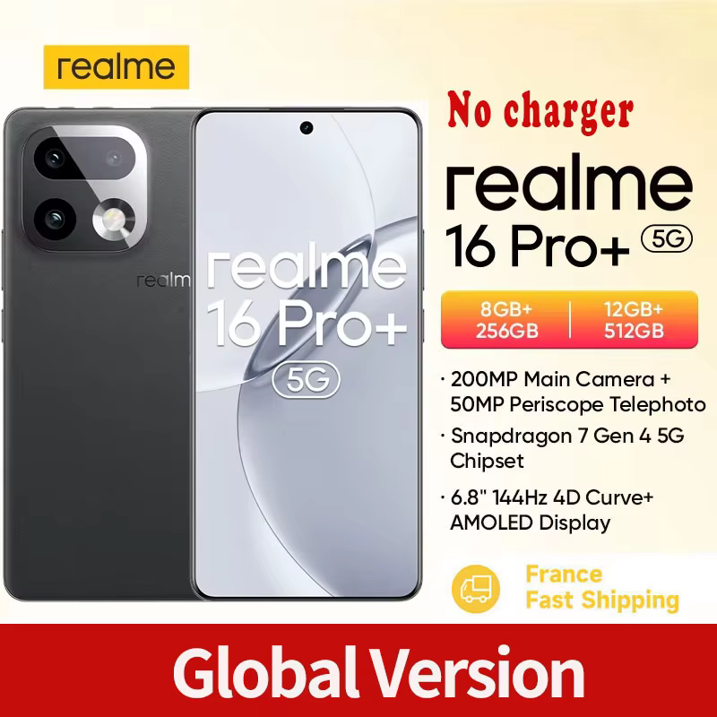 Smartphone realme 16 Pro Plus 5G, realme 16 Pro+ avec appareil photo 200MP OIS, Snapdragon 7 Gen 4, écran AMOLED incurvé 6,8'' 144Hz, batterie 7000mAh