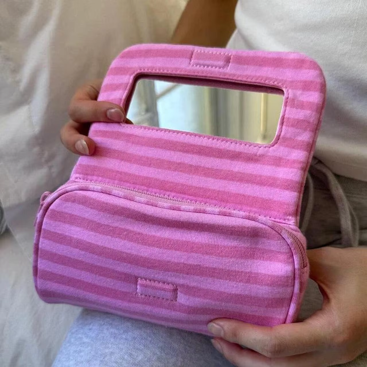 Pink Striped Flip-top Makeup Bag Women Portable Zipper Cosmetic Travel Organizer Girls Cute Sweet Mirror Handbag Toiletry Pouch - AliExpress 1524
