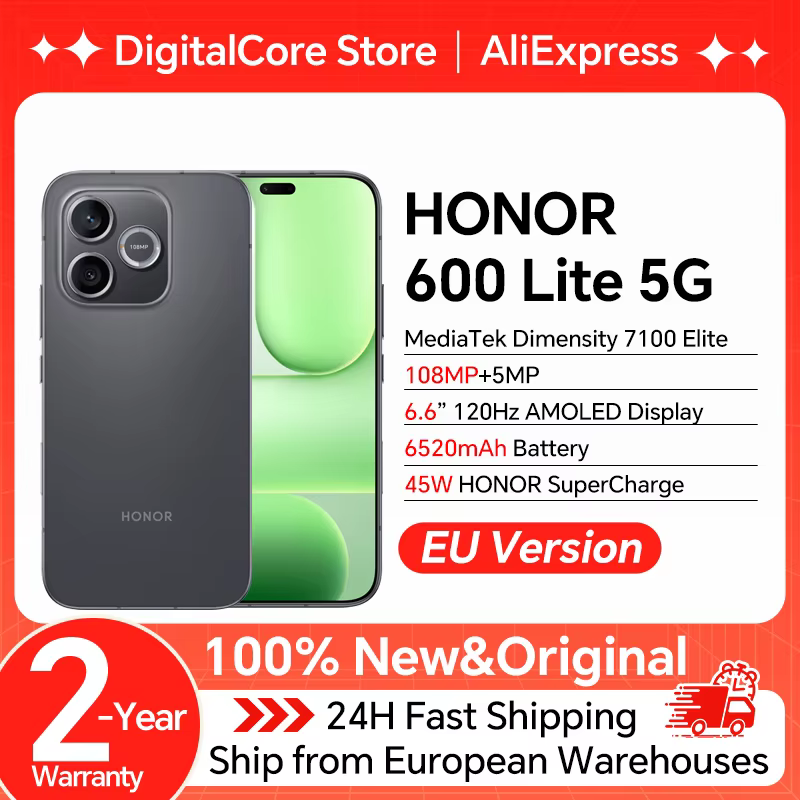 Smartphone HONOR 600 Lite 5G, version européenne, MediaTek Dimensity 7100 Elite, 6,6 pouces, 120 Hz, AMOLED, 6520 mAh, 45 W, SuperCharge, appareil photo IA 108 MP