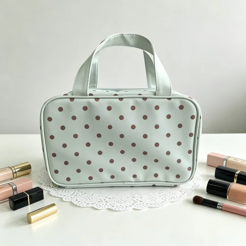 Korean Style Mint Green Polka Dot Synthetic Leather Makeup Bag Large Capacity 3 Compartment Hangable Mesh Pockets Toiletry Bag - AliExpress