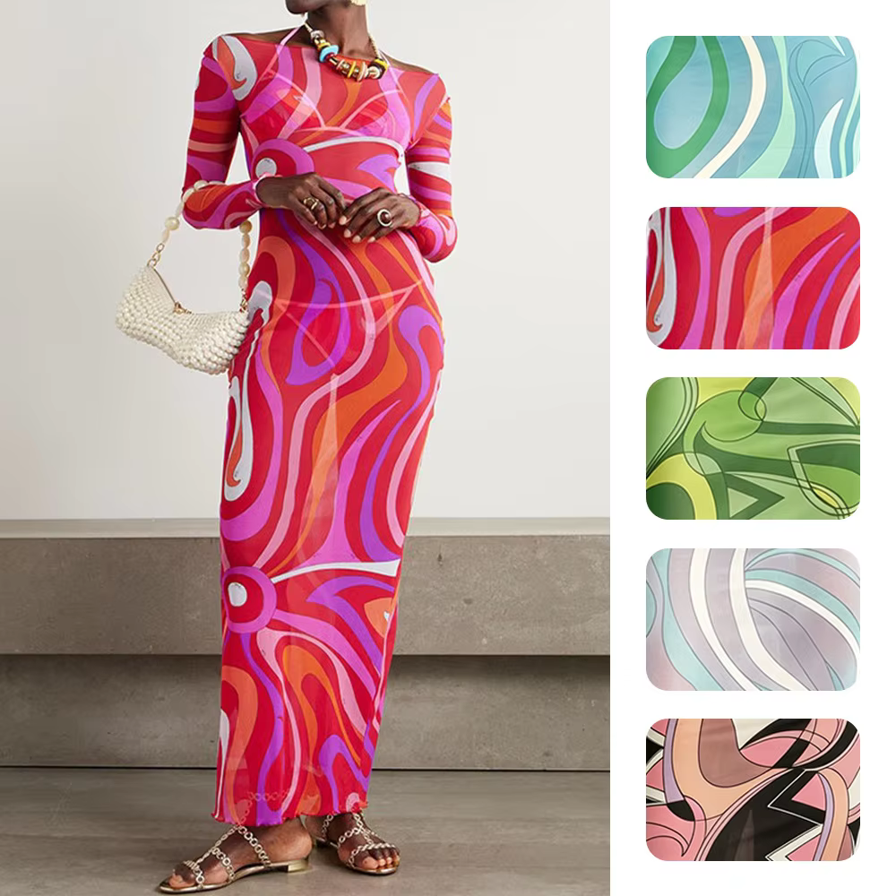 Women Abstract Swirl Print Mesh Midi Dress Off Shoulder Long Sleeve Autumn See Through Stretch Bodycon Vacation Party Long Dress - AliExpress 200000345