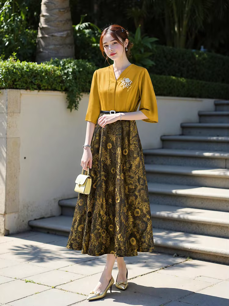 Women Yellow Jacquard Vintage V Neck High Waist a Line Dress Three Quarter Sleeve Elegant Party Fall Fashion Dress Wear - AliExpress 200000345