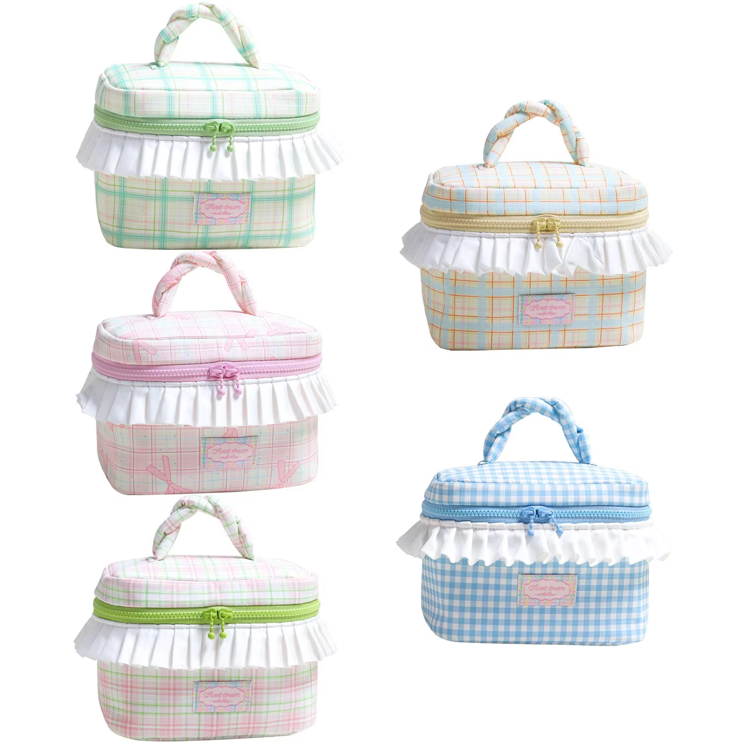 Korean-style niche design twisted handle makeup bag with large capacity pleated lace storage bag, color-blocked plaid wash bag. - AliExpress 1524