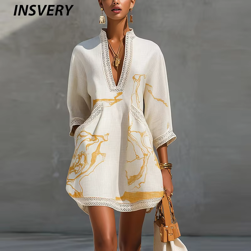 Vintage Printed Party Dress Women Casual V Neck 3/4 Sleeve A-line Pocket Mini Dresses For Women Abstract Print Vacation Dress - AliExpress 200000345