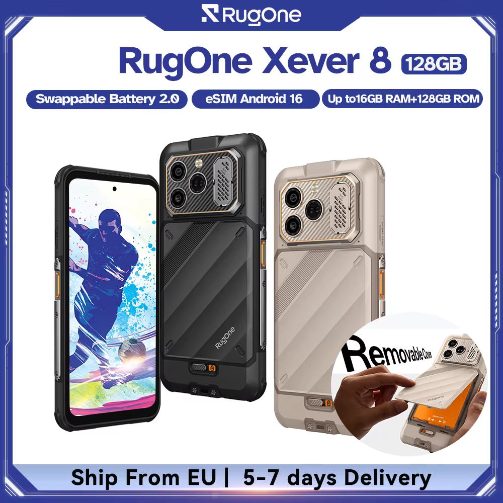 Téléphone robuste RugOne Xever 8 4G Helio G200, jusqu'à 16 Go de RAM, 128 Go de ROM, Smartphone Android 16, eSIM, batterie amovible 4800 mAh, NFC, étanche, écran 6,5'' 120 Hz, téléphone mobile global