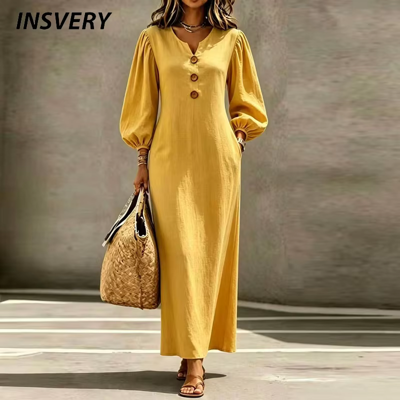 Vintage Casual Long Dress Women V Neck Wrist Puff Sleeve Loose Beach Holiday Dresses Women Casual Button Up Maxi Dresses Robe - AliExpress 200000345