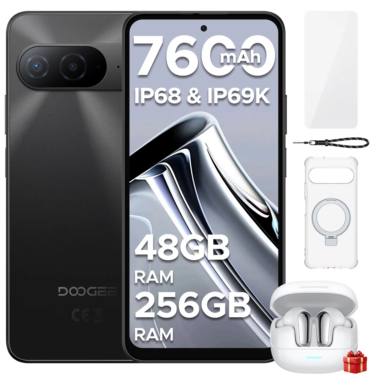 Smartphone DOOGEE B10, batterie 7600 mAh, écran 6,63'', 48 Go de RAM (6 Go + 42 Go), 256 Go de ROM, appareil photo IA 64 MP, Android 16, téléphone mobile