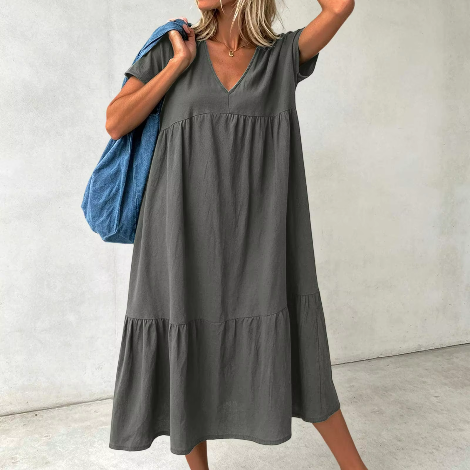 Casual Cotton Linen Layer Women Dresses Summer V Neck Loose Pullover Shirts Long Sleeve Dress For Beach Vacation Home Clothes - AliExpress 200000345