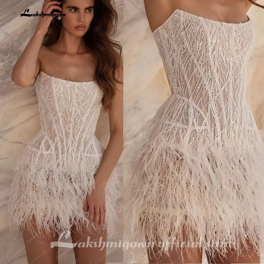 Lakshmigown Short Mini Feathered Wedding Dress Sparkly Reception Customized Strapless Bridal Gown No Gloves New Arrival Bride We - AliExpress 320
