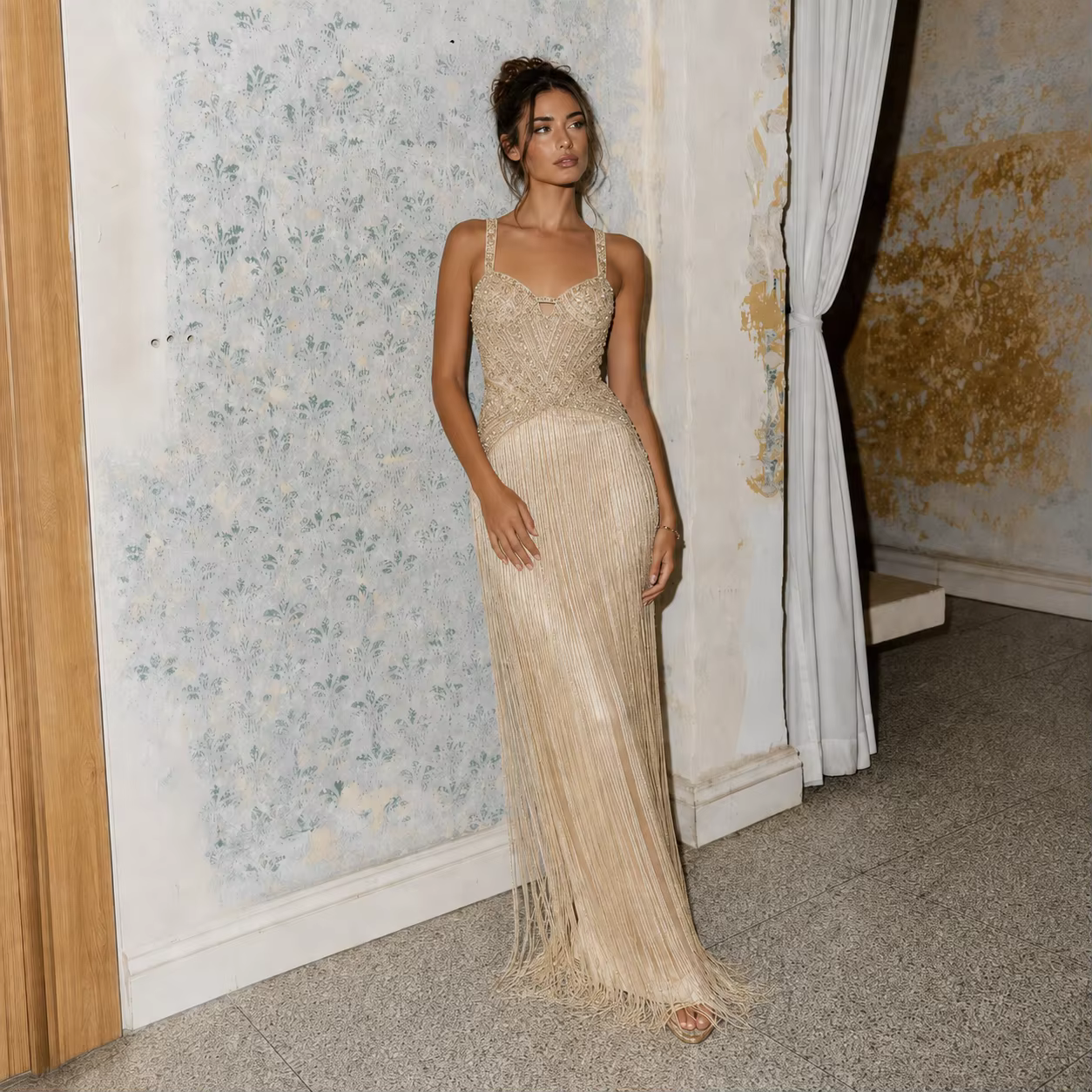 SERENE HILL Lebanon Fashion Brown Beaded Spaghetti Strap Fringe Evening Dress Formal Party Wedding Guest Gown LA73446 Customized - AliExpress 320
