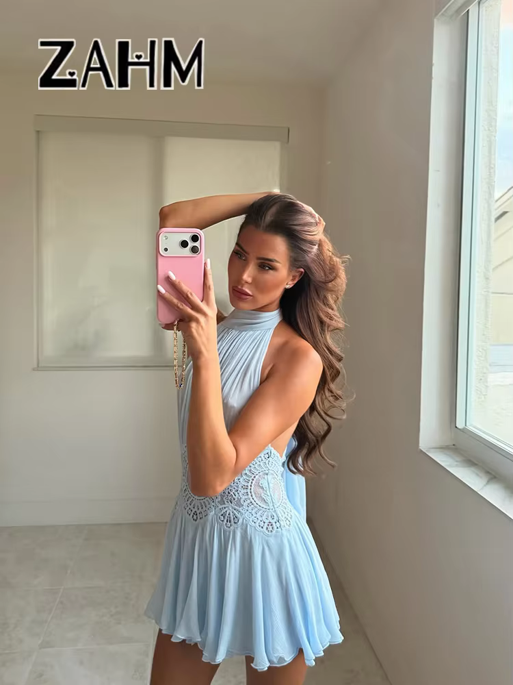 Sexy Hollow Out Solid Women Min Dress Beach Pleated Lace Up Backless Sleeveless Female Dresses 2026 Summer Lady Robe New - AliExpress 200000345