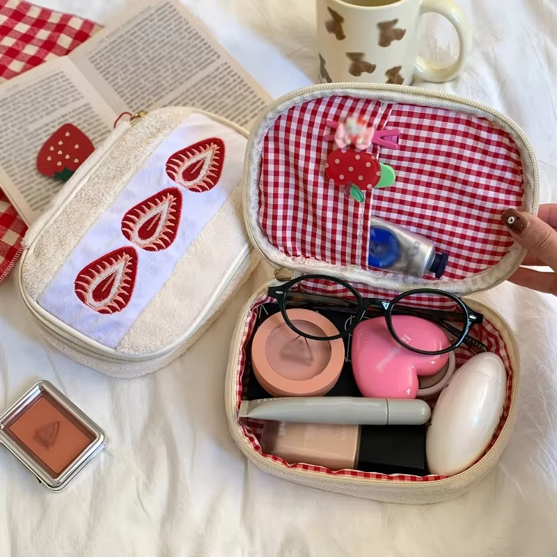 Strawberry Embroidery Makeup Bag with Checkered Lining Portable Cosmetic Pouch Cute Korean Style Embroidered Bag for Travel - AliExpress 1524