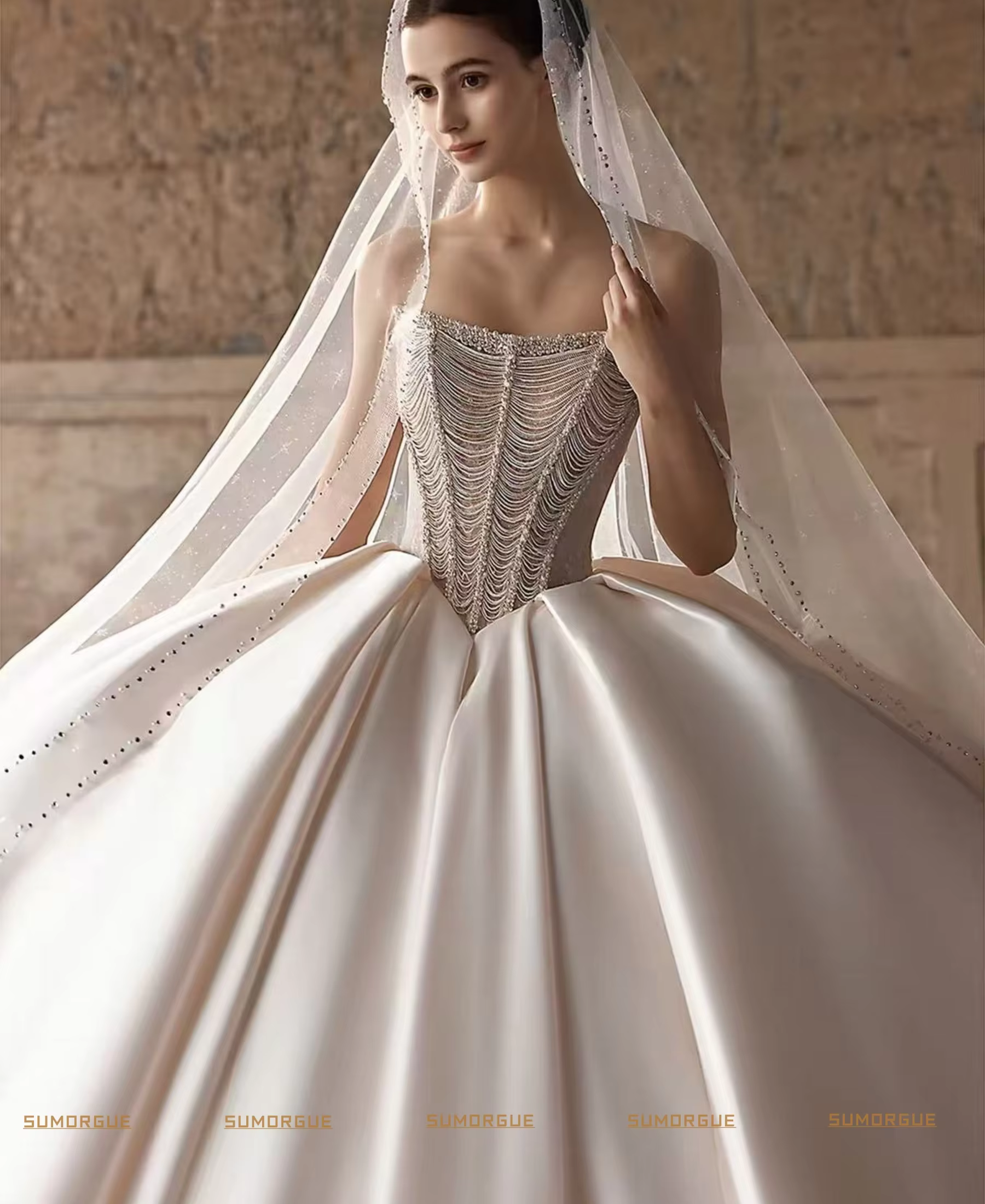 Elegant Sleeveless Wedding Dress Satin Bridal Gown Court Train Pearl Beading Princess Dress high-end Customized Vestido De Noiva - AliExpress 320