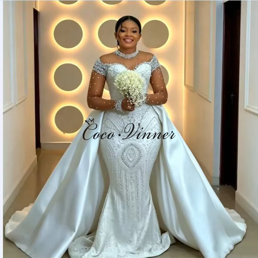 Customized Quality Pearls Beading 2 in 1 Wedding Dresses 2026 New Illusion Mermaid Wedding Dress With Detachable Skirt W1557 - AliExpress 320