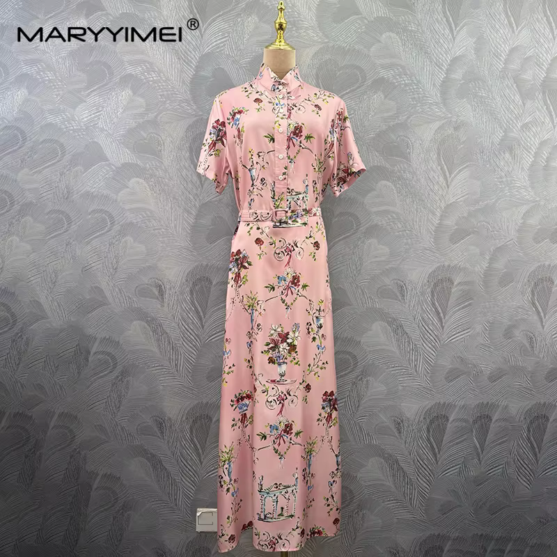 MARYYIMEI Casual Geprinte Zijden Jurk met Revers, Korte Mouwen, Striktaille, Lange Jurk 2026 Zomermode Nieuwe Stijl voor Dames - AliExpress 200000345