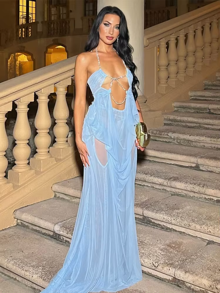 Nibber Prom Party Gown Dress Woman Sexy See Through Luxury Chain Halter Low-Neck Backless Sleeveless Midnight Elegant Vestidos - AliExpress 200000345