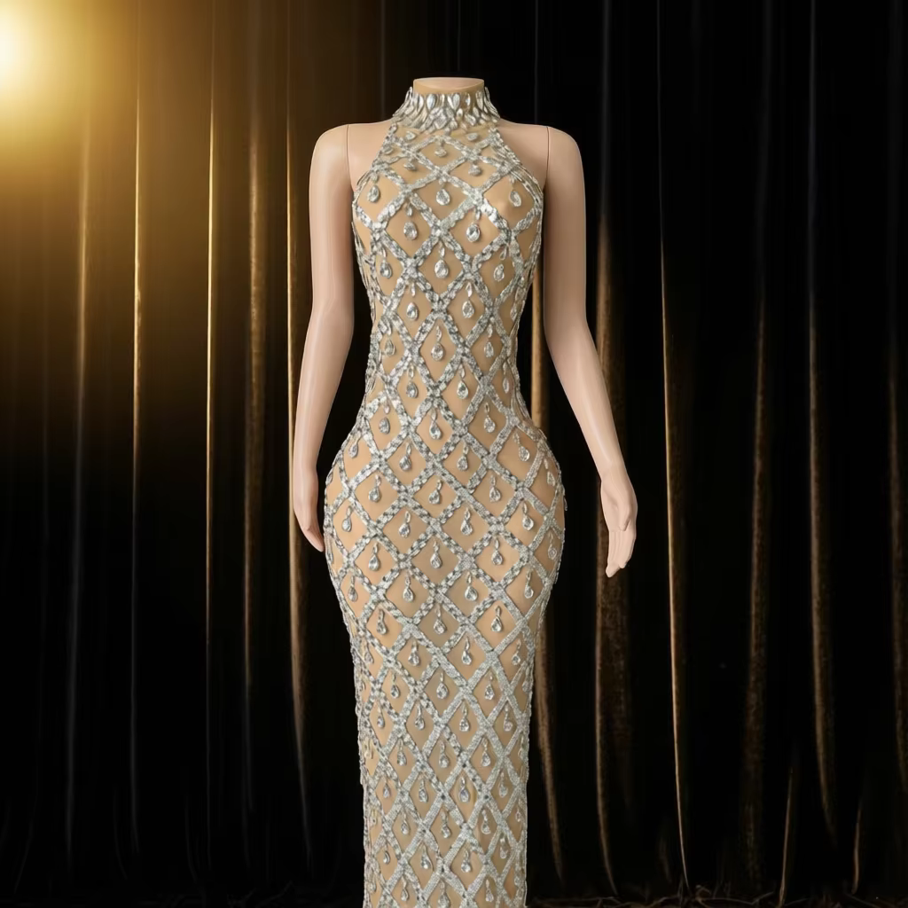 Women Sexy Stage Shining Rhinestone Sequins Dress Evening Prom Birthday Dress Transparent Performance Singer Club Host Dress  7G