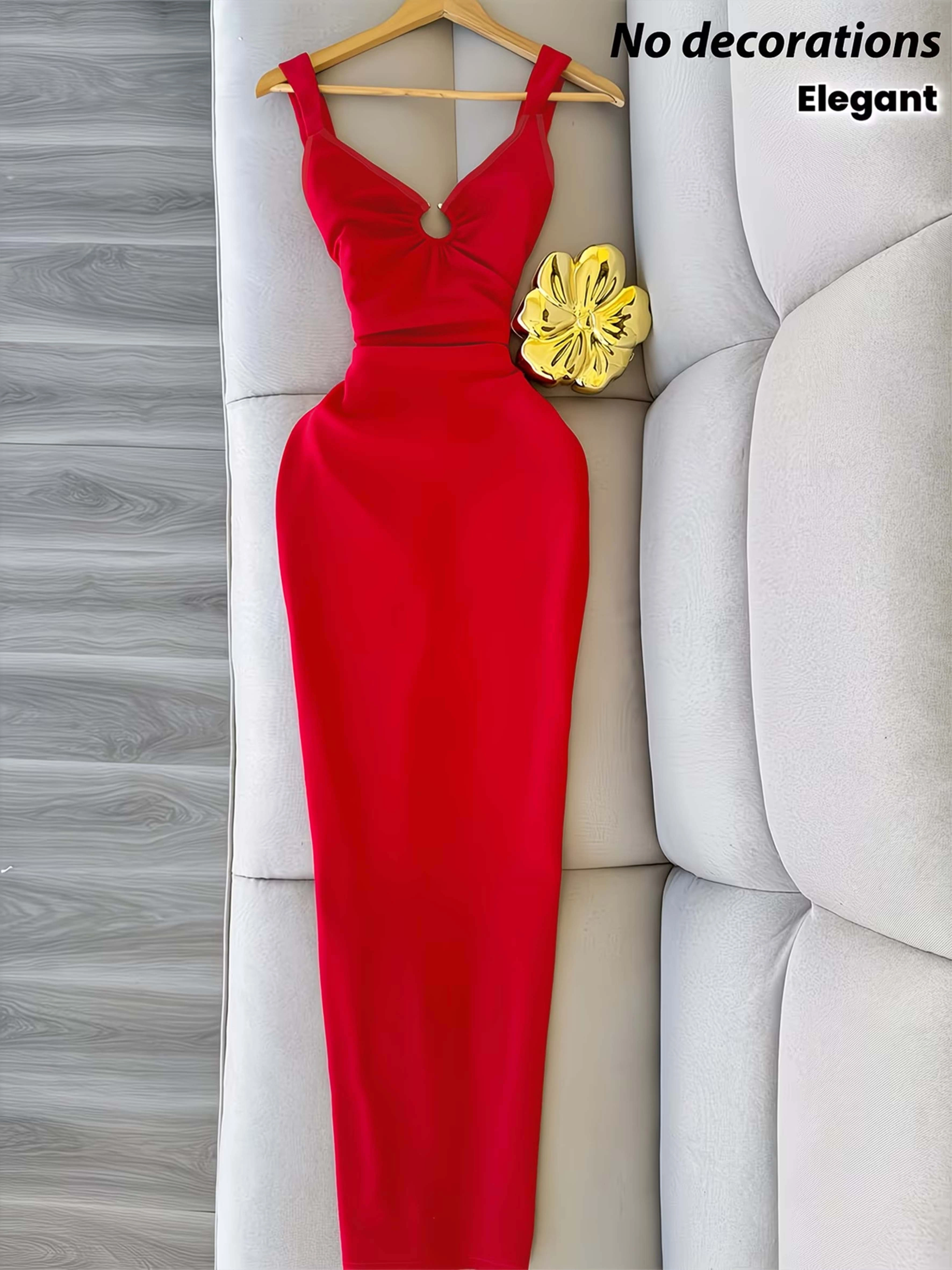 Four-Season Women's Solid Color Dress with Metal Ring Decorations, Sleeveless Waist-Cinched Slit Maxi Dress, Elegant Party Style