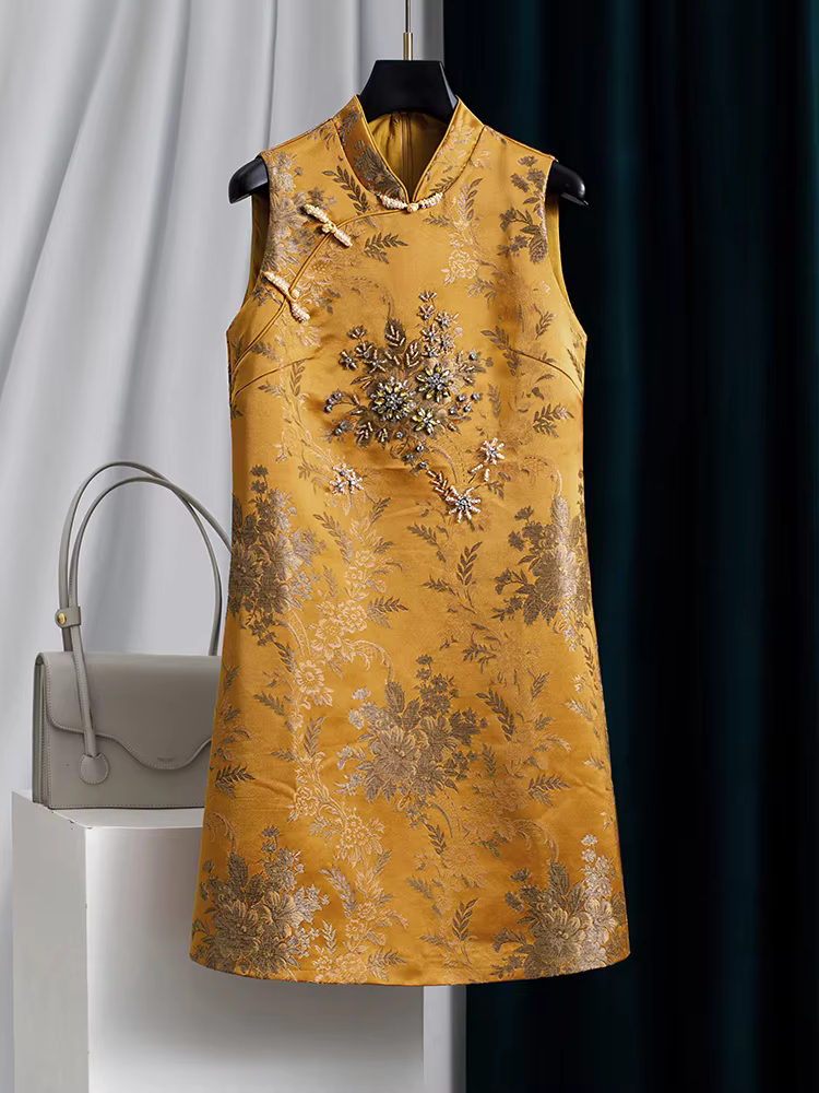 Women Modern Qipao Cheongsam Dress Chinese Vintage Style Jacquard Beaded Sleeveless Elegant Party Dress Autumn Fashion - AliExpress 200000345